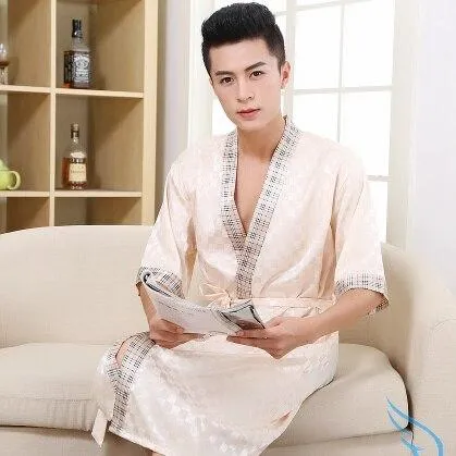 2019 summer men's silk satin bathrobe robe long solid silk pajamas men silk nightgown sleepwear kimono homme dress