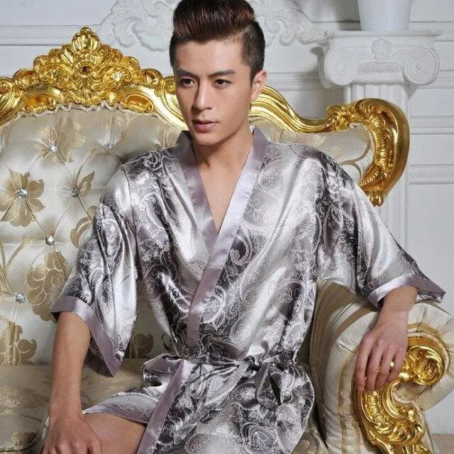 2019 summer men's silk satin bathrobe robe long solid silk pajamas men silk nightgown sleepwear kimono homme dress