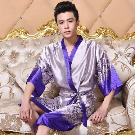 2019 summer men's silk satin bathrobe robe long solid silk pajamas men silk nightgown sleepwear kimono homme dress