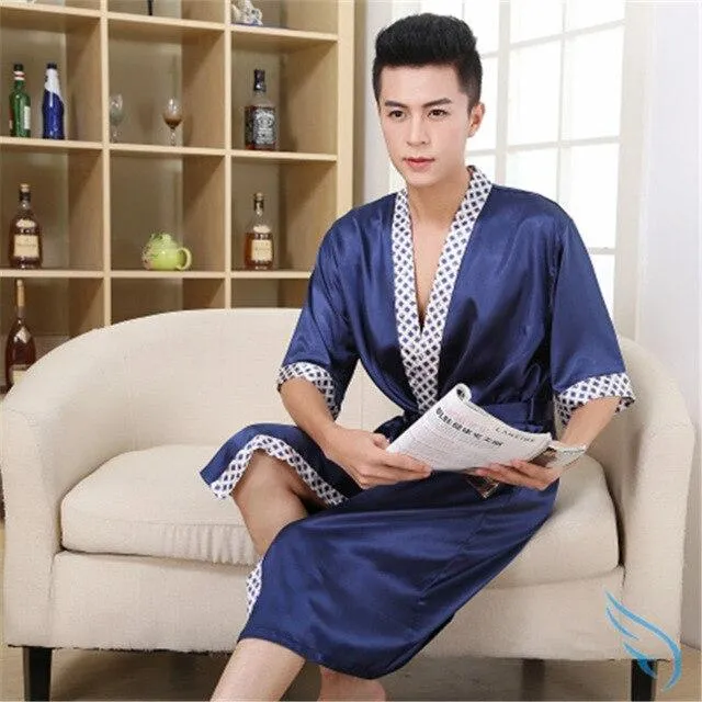 2019 summer men's silk satin bathrobe robe long solid silk pajamas men silk nightgown sleepwear kimono homme dress