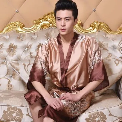 2019 summer men's silk satin bathrobe robe long solid silk pajamas men silk nightgown sleepwear kimono homme dress