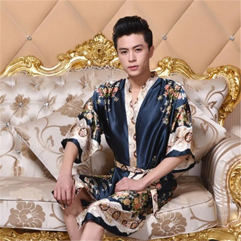 2019 summer men's silk satin bathrobe robe long solid silk pajamas men silk nightgown sleepwear kimono homme dress