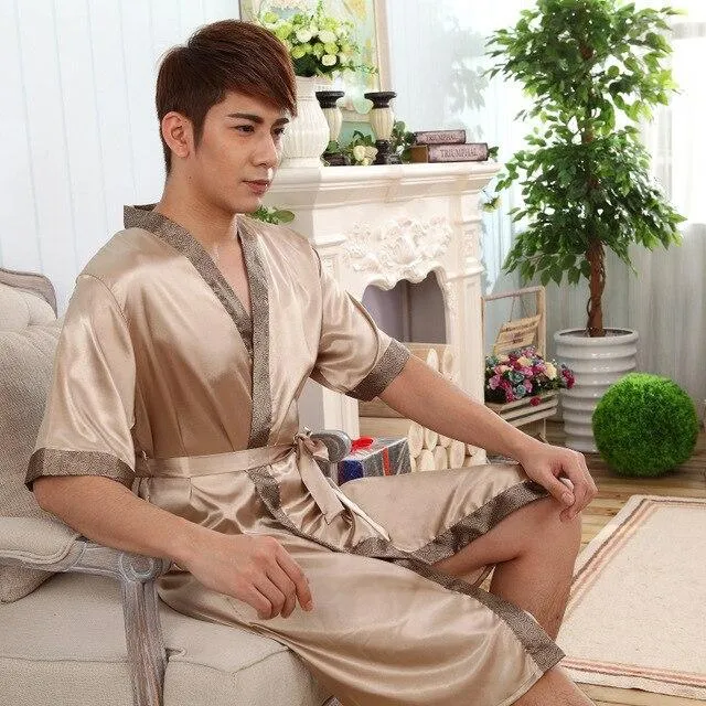 2019 summer men's silk satin bathrobe robe long solid silk pajamas men silk nightgown sleepwear kimono homme dress