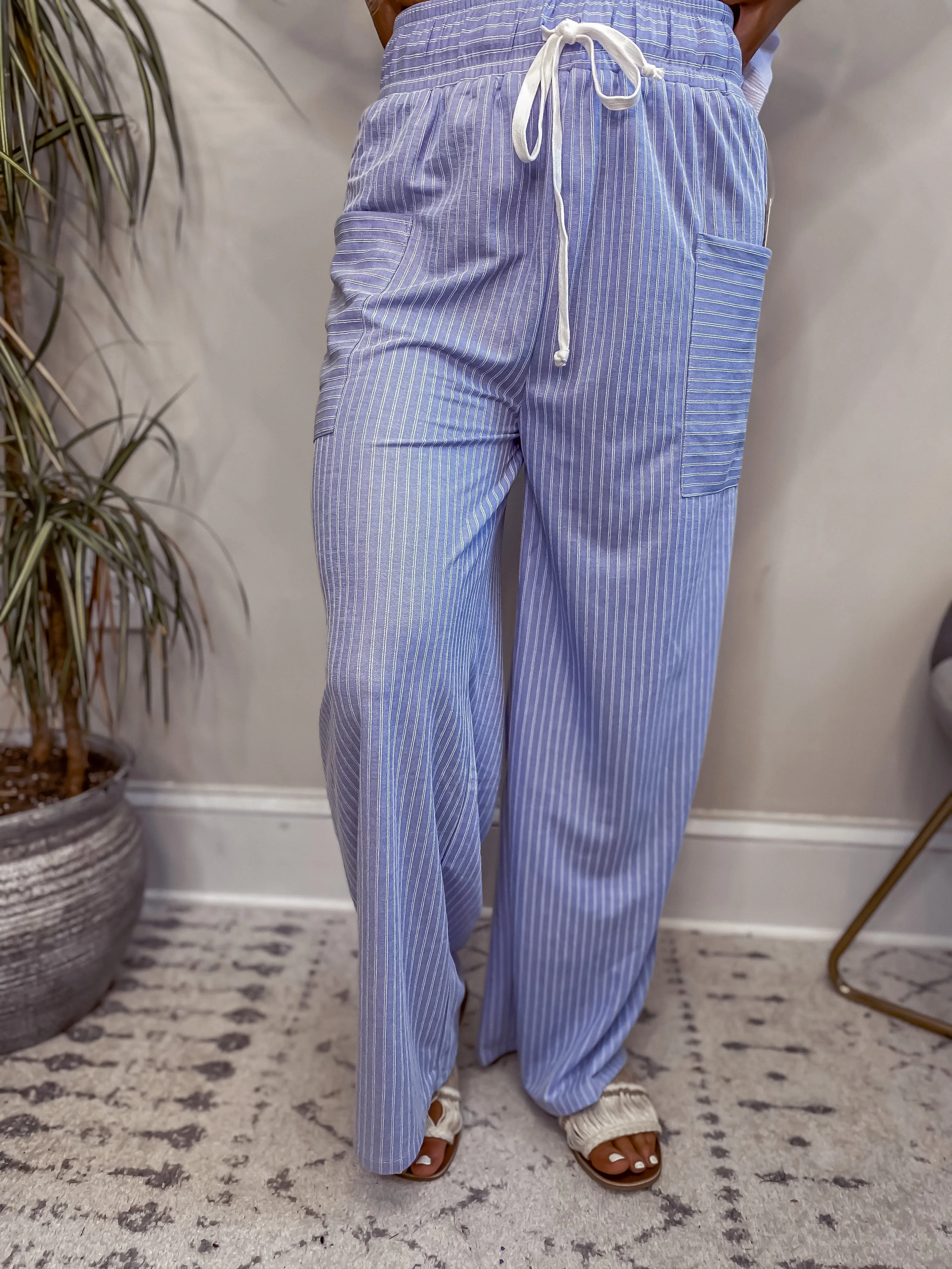 Denim Blue & Ivory Stripe Palazzo Pants