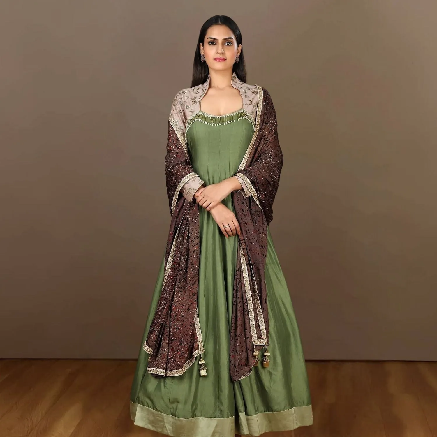 Evie Tussar Eri Silk Gown | Embellished Shoulder Bodice | Earthy | Elegant | Olive Green
