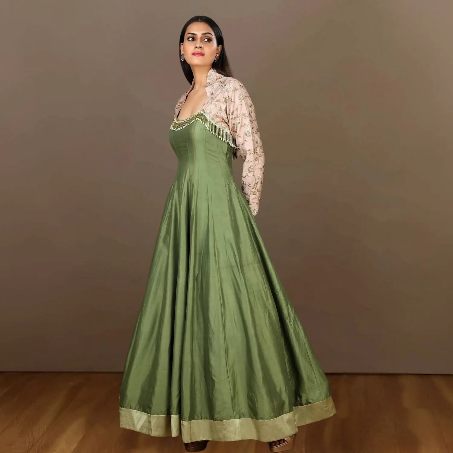 Evie Tussar Eri Silk Gown | Embellished Shoulder Bodice | Earthy | Elegant | Olive Green