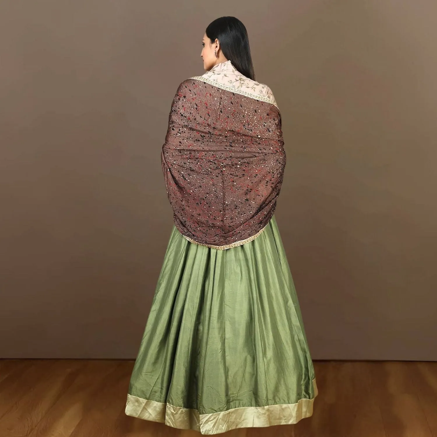 Evie Tussar Eri Silk Gown | Embellished Shoulder Bodice | Earthy | Elegant | Olive Green