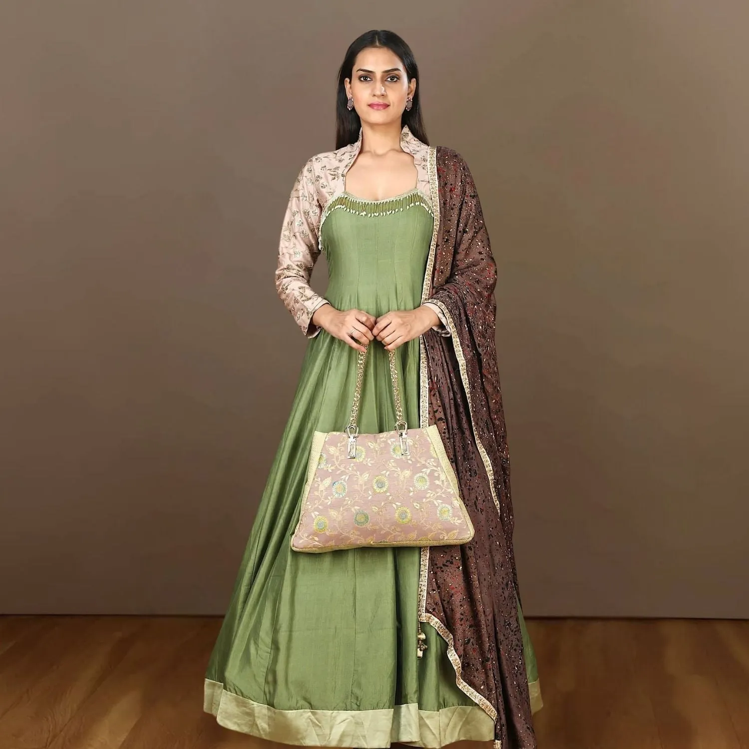 Evie Tussar Eri Silk Gown | Embellished Shoulder Bodice | Earthy | Elegant | Olive Green