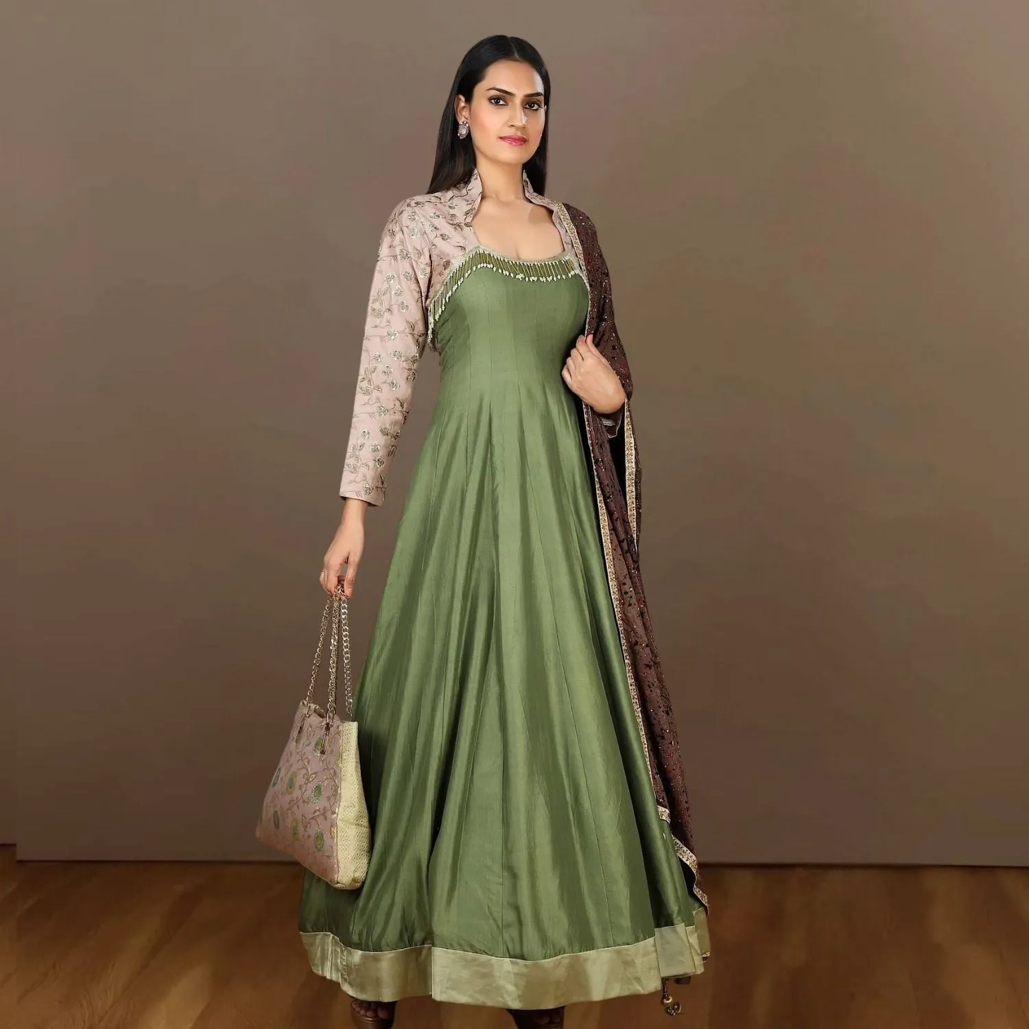 Evie Tussar Eri Silk Gown | Embellished Shoulder Bodice | Earthy | Elegant | Olive Green