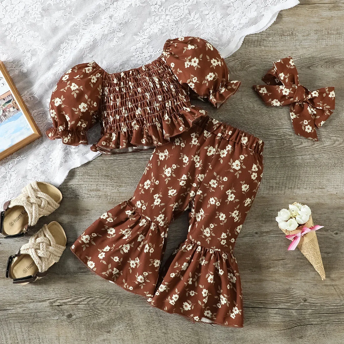 Floral Crop Top   Flared Pants Bow Set