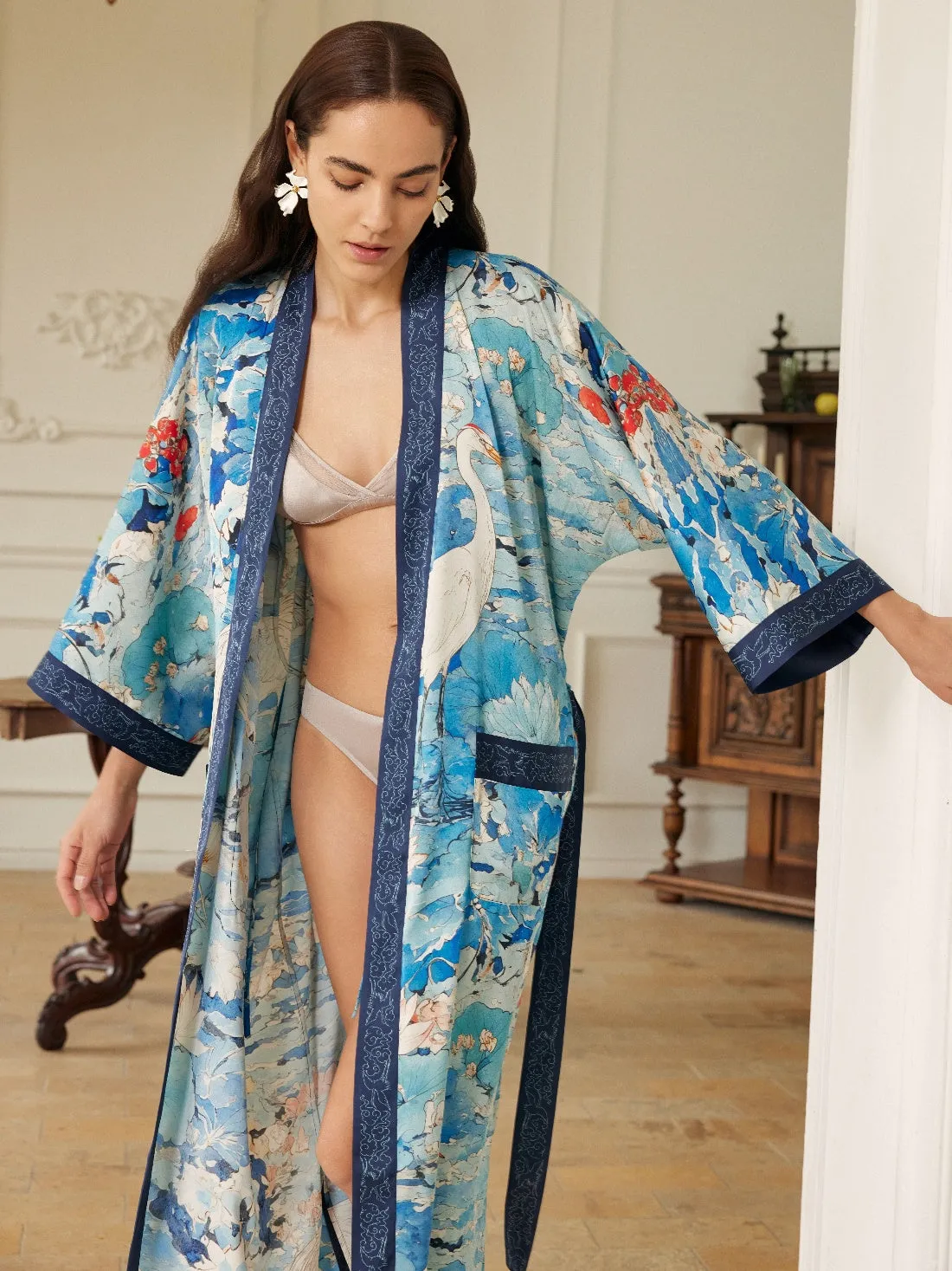 Graceful Lotus & Crane Kimono Robe with Pockets