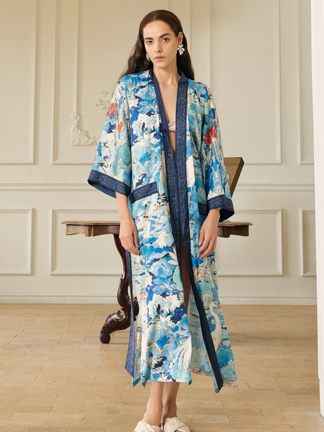 Graceful Lotus & Crane Kimono Robe with Pockets