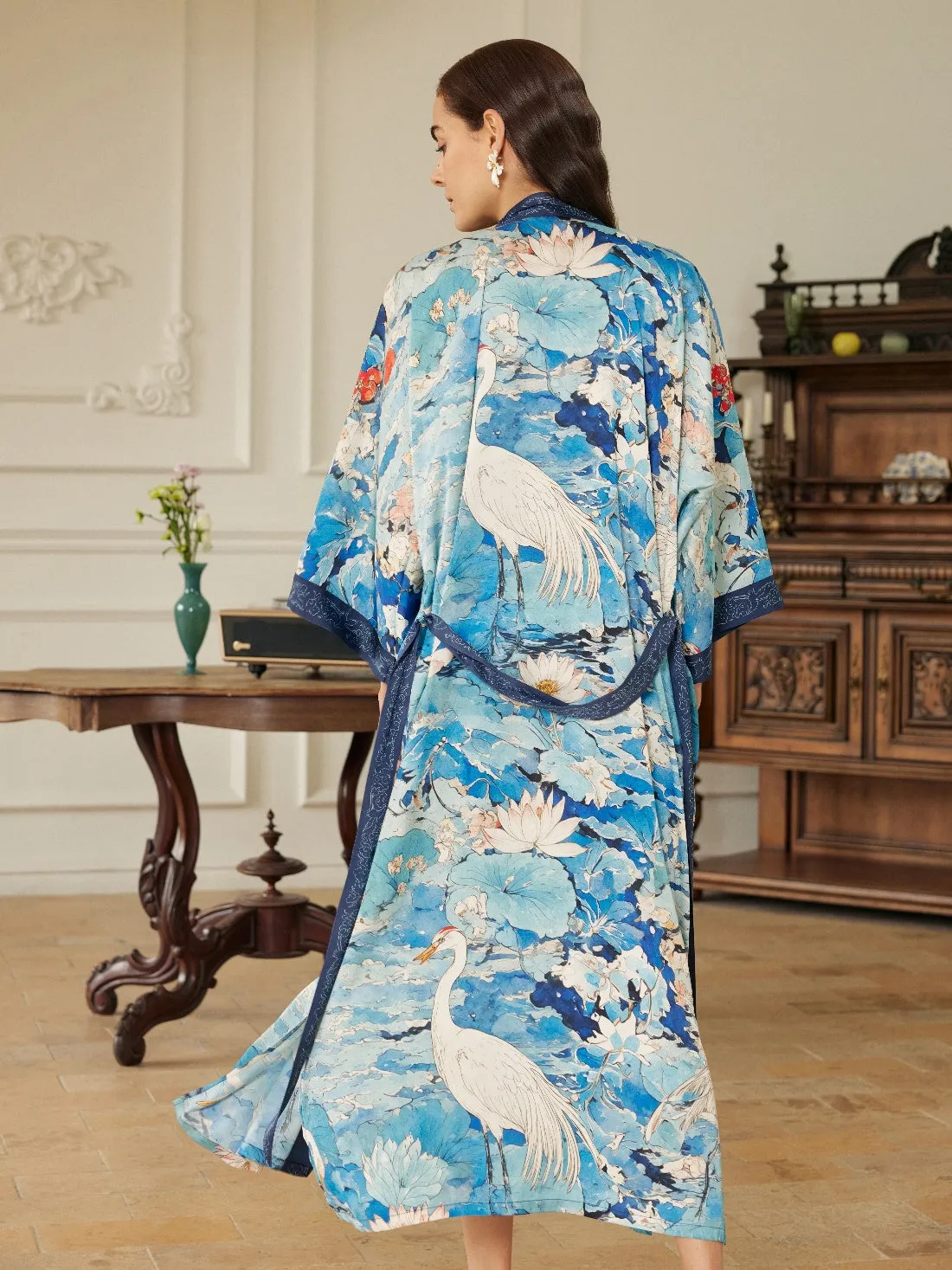 Graceful Lotus & Crane Kimono Robe with Pockets