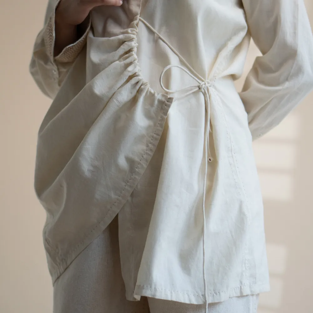 String Clinched Shirt | Accented with Kantha Craft | Earthy Ivory Colour