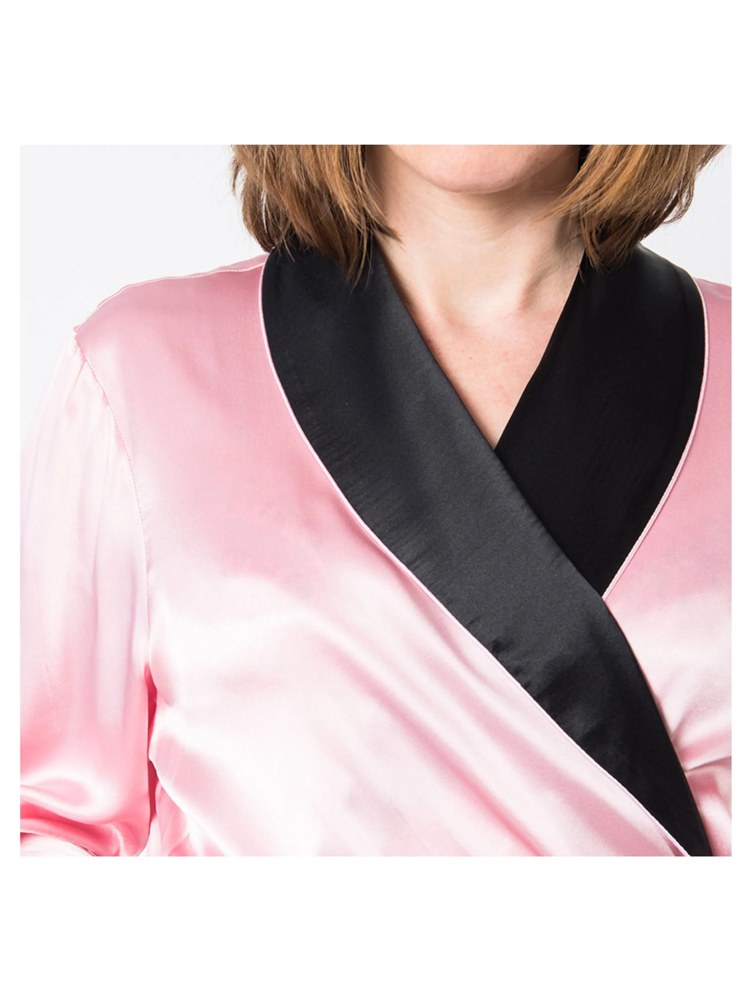 Women's Mulberry Silk Robe Pink with Black Collar