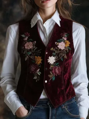 Women's Vintage Suede Colorful Floral Embroidered Vest